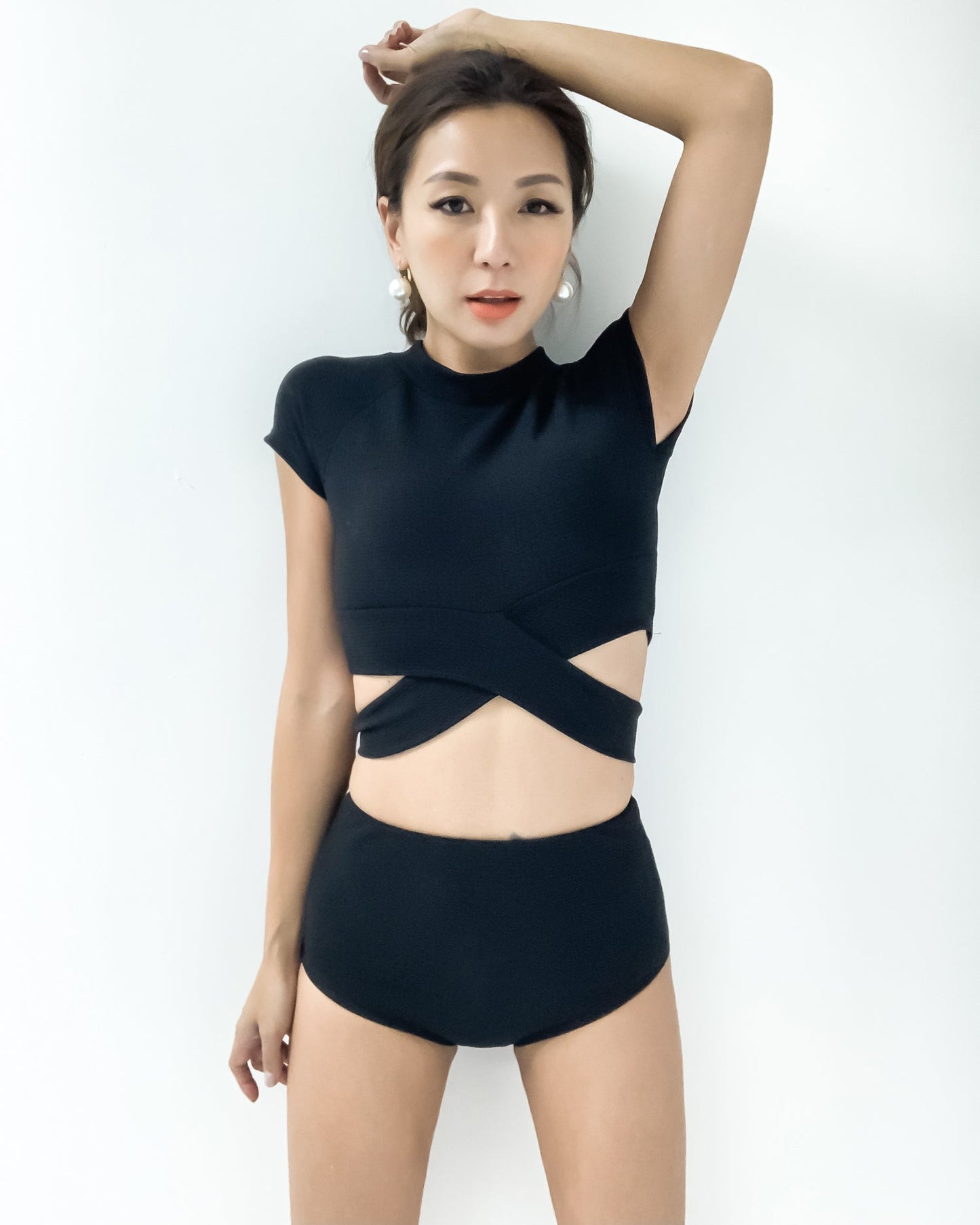 Black texture cropped top & high waist pants set swimwear *pre-order*