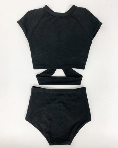 Black texture cropped top & high waist pants set swimwear *pre-order*