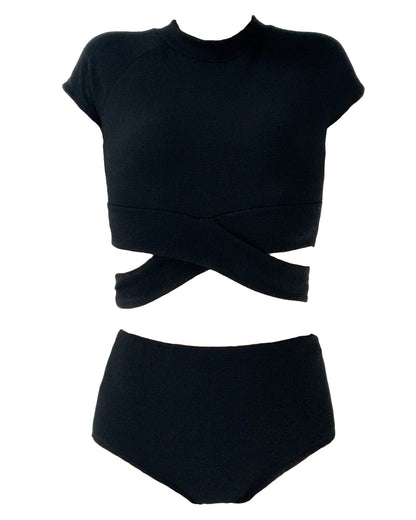 Black texture cropped top & high waist pants set swimwear *pre-order*