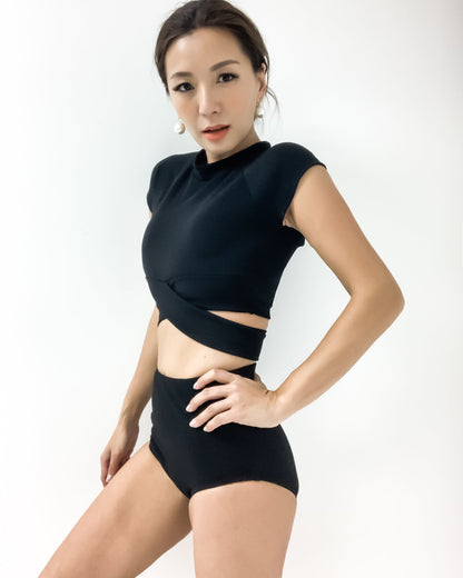 Black texture cropped top & high waist pants set swimwear *pre-order*