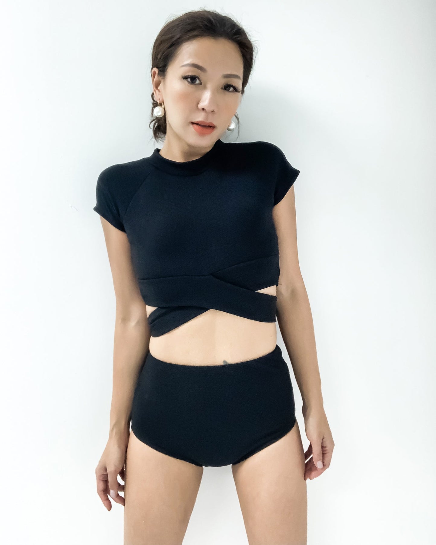 Black texture cropped top & high waist pants set swimwear *pre-order*