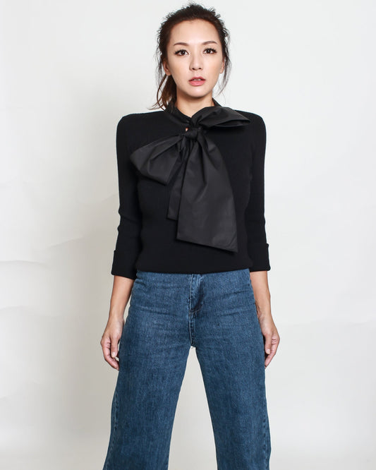 black knitted with bow neckline top *pre-order*