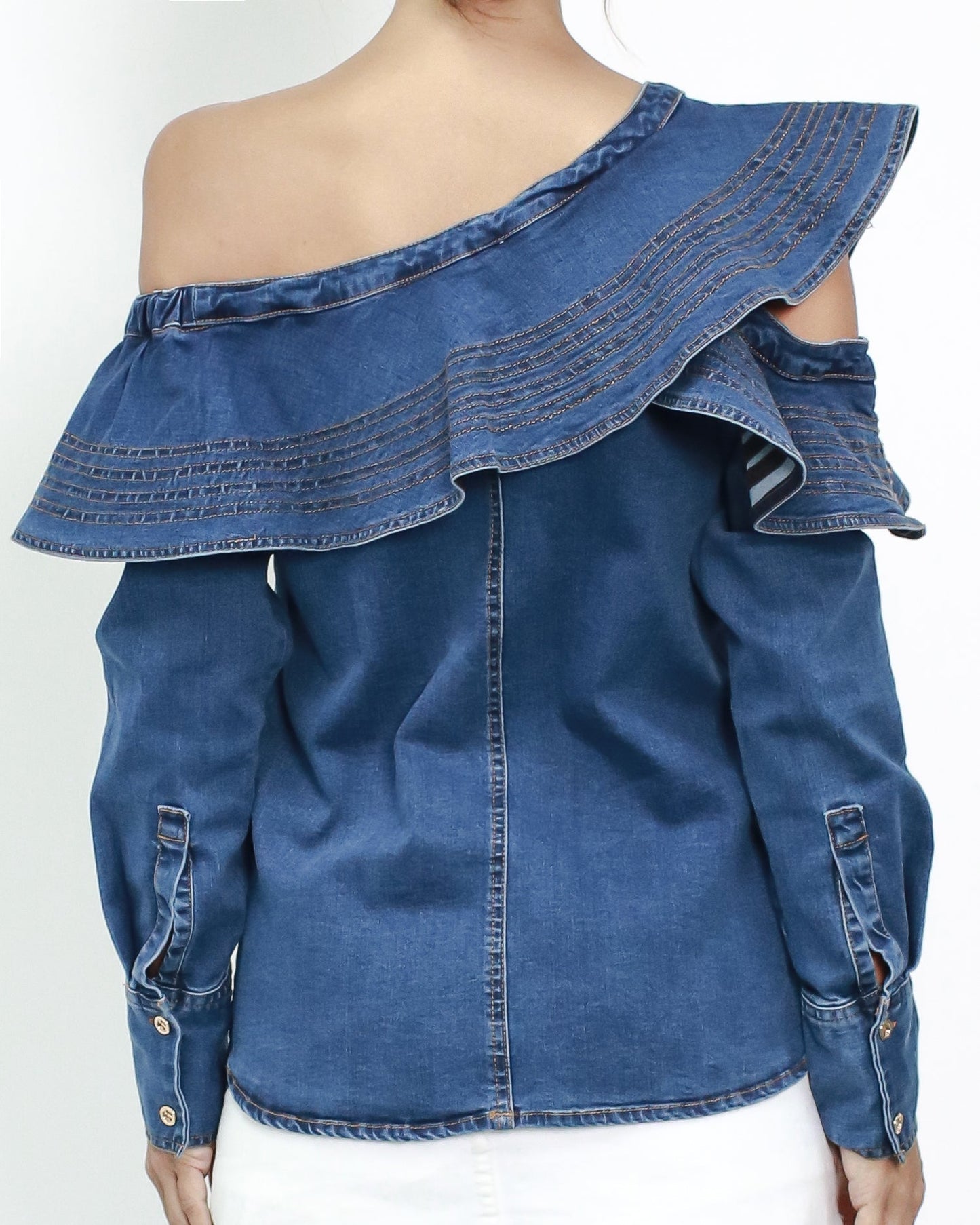 denim ruffles off shoulder top *pre-order*