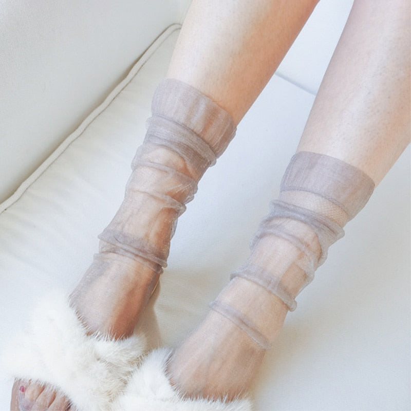 Sexy Ultra-thin Fluffy Socks Women Glisten Transparent Long Socks Tulle Chiffon Woman Socks Leg Female Streetwear Calcetines